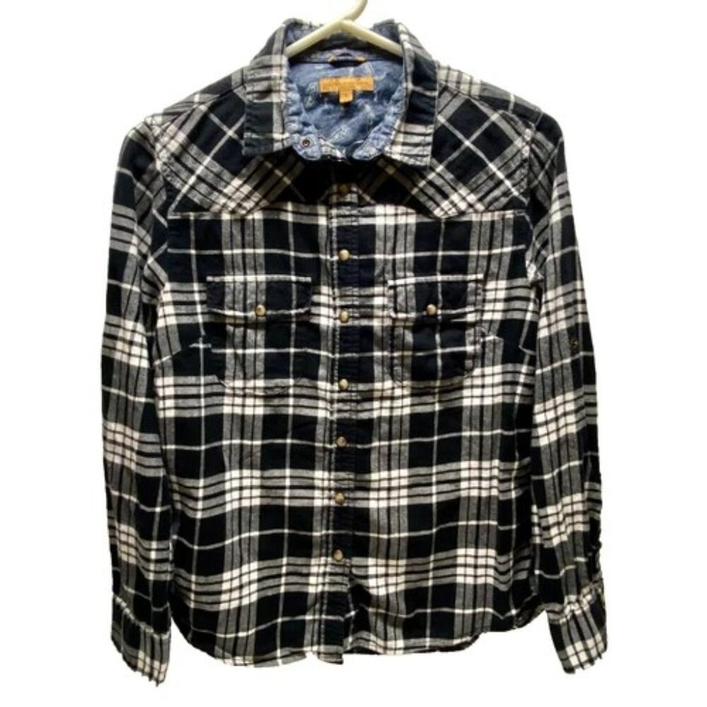 Jachs Girlfriend Flannel‎ Shirt Women's Small Black White Plaid Western Snap GUC
